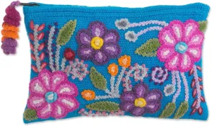 NOVICA Artisan Hand Embroidered Alpaca Clutch Floral in Turquoise from Peru Wool Handbags Multicolor Blue Clutches Patterned ' Turquoise Garden'