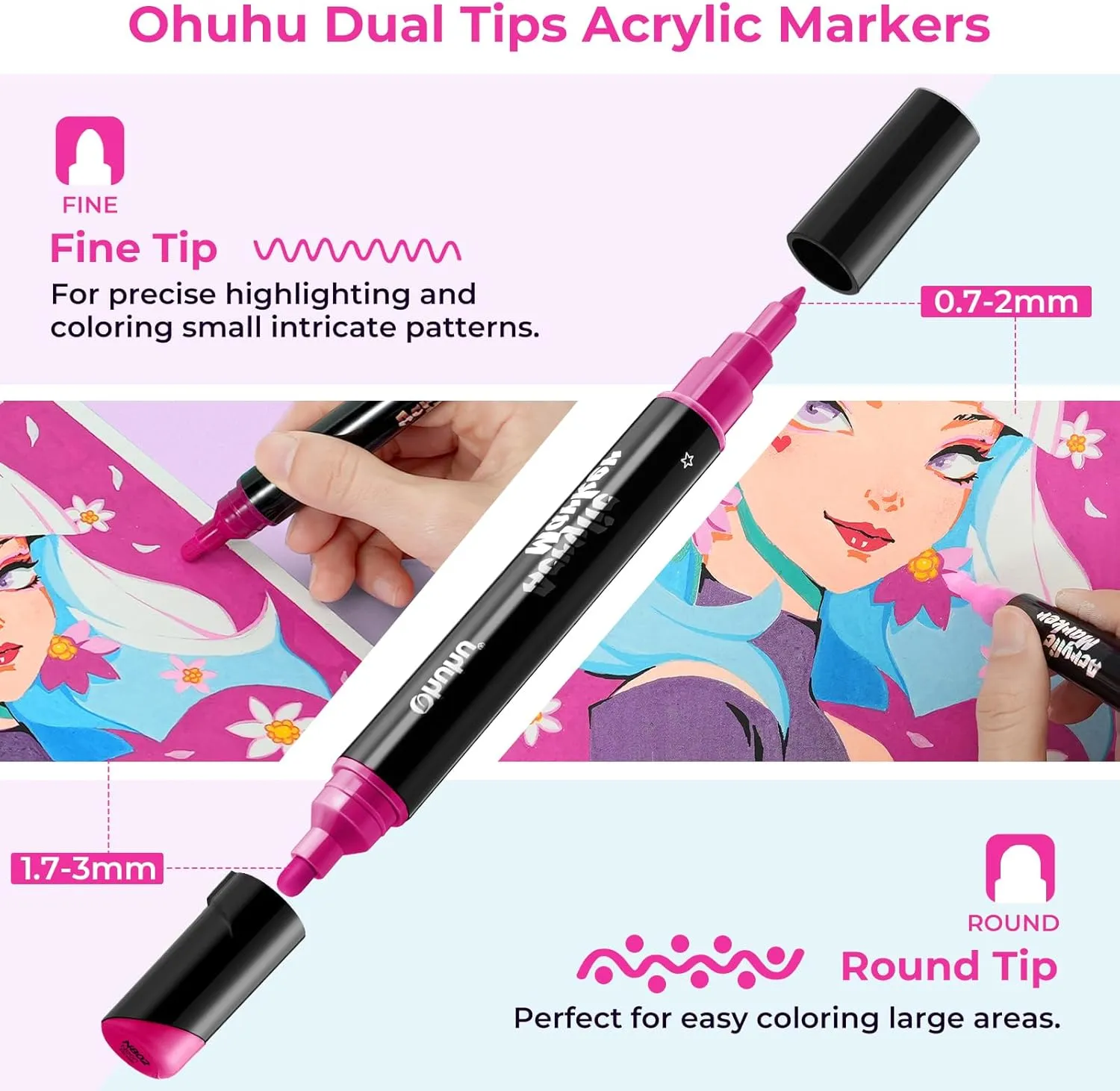 Ohuhu Acrylic Paint Pens 30 Colors: Dual Tips (Round & Fine) Acrylic Markers High Opacity Paint Markers Waterproof Lightfast for Rock Painting Easter Eggs Wood Glass Ceramic Canvas - Kakaako