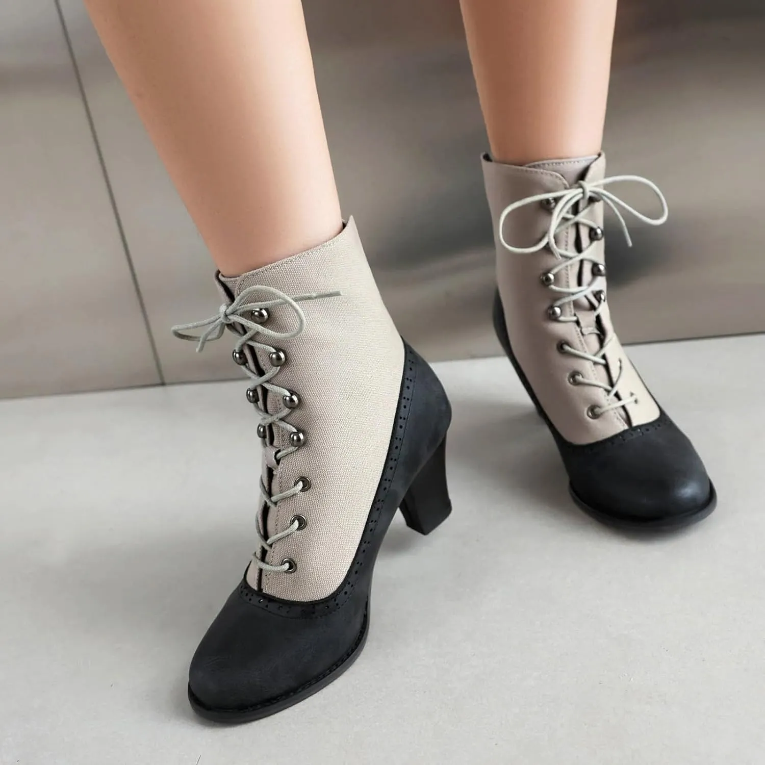 Optigard Women's Kitten Heels Lace Up Ankle Boots Fashion PU Round Toe Vintage Splicing Brogue Chunky High Heel Booties Dress Booties