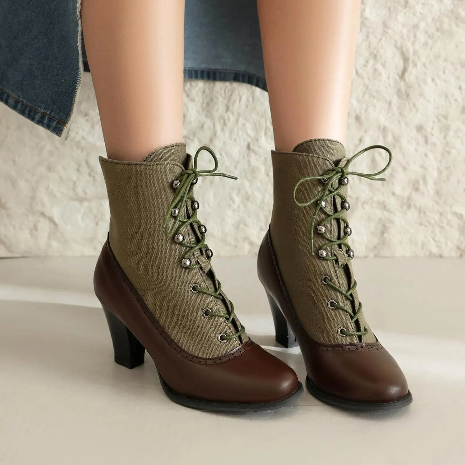 Optigard Women's Kitten Heels Lace Up Ankle Boots Fashion PU Round Toe Vintage Splicing Brogue Chunky High Heel Booties Dress Booties