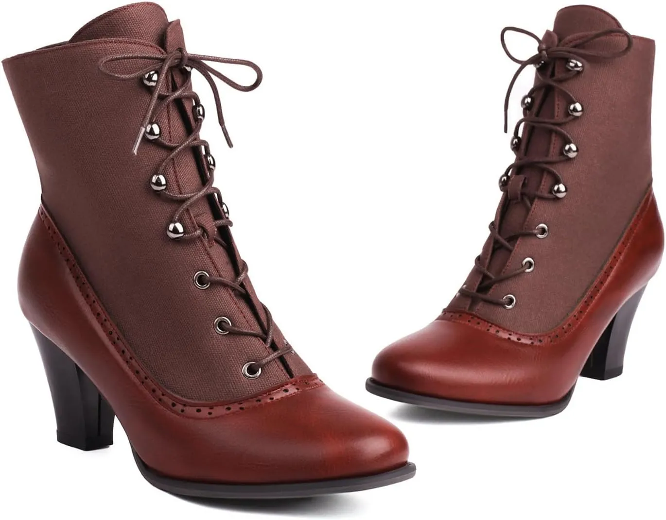 Optigard Women's Kitten Heels Lace Up Ankle Boots Fashion PU Round Toe Vintage Splicing Brogue Chunky High Heel Booties Dress Booties