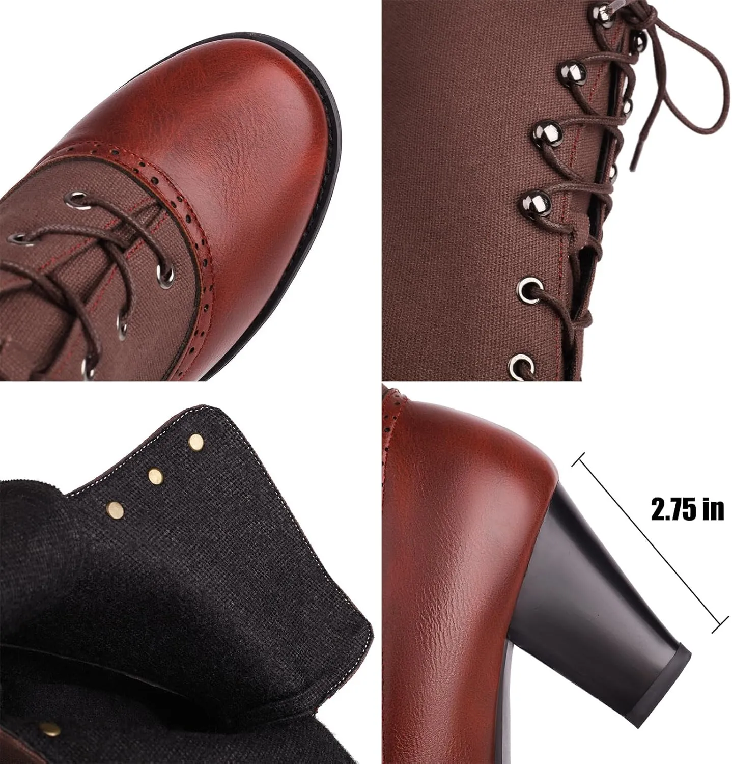 Optigard Women's Kitten Heels Lace Up Ankle Boots Fashion PU Round Toe Vintage Splicing Brogue Chunky High Heel Booties Dress Booties