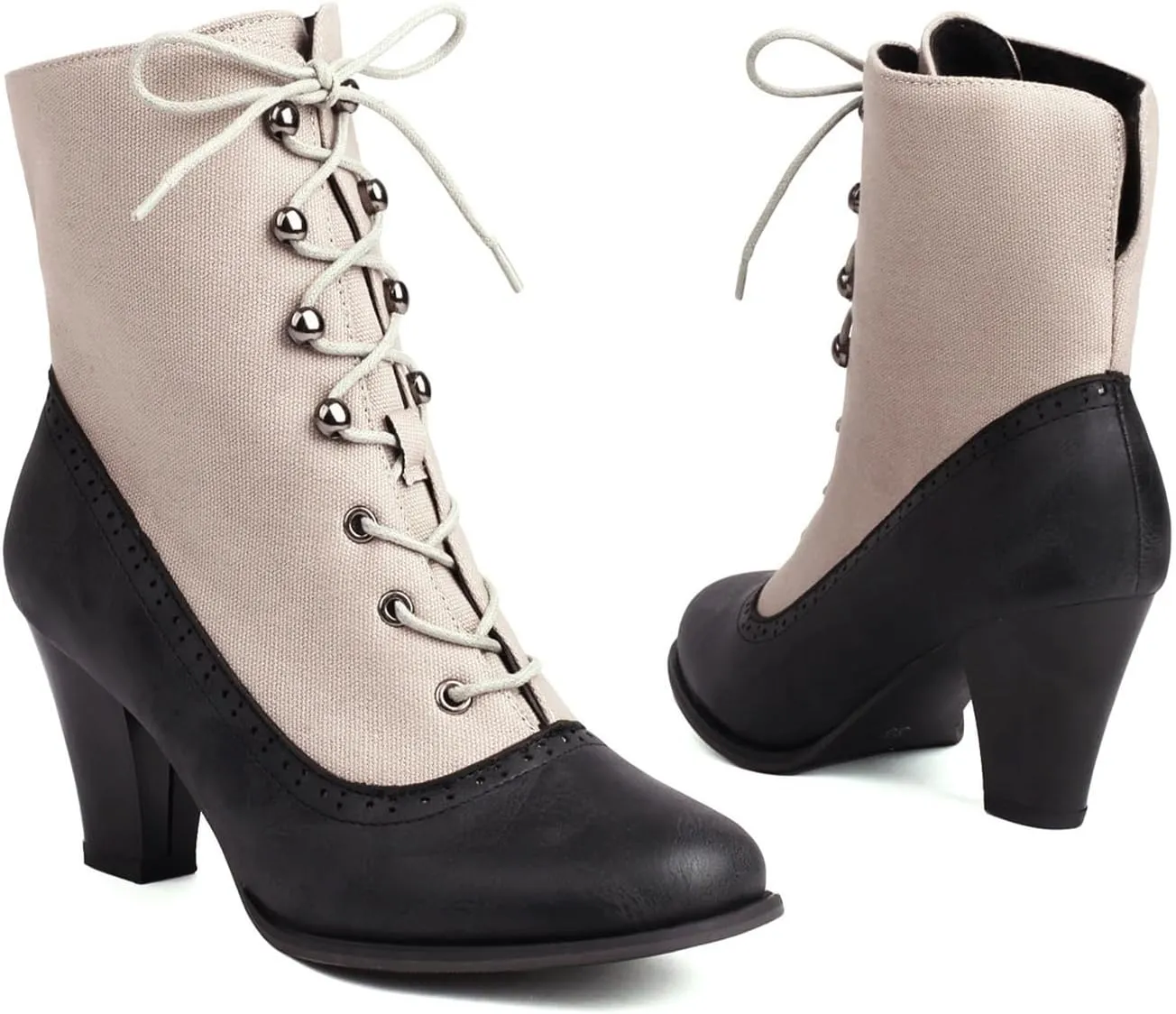 Optigard Women's Kitten Heels Lace Up Ankle Boots Fashion PU Round Toe Vintage Splicing Brogue Chunky High Heel Booties Dress Booties