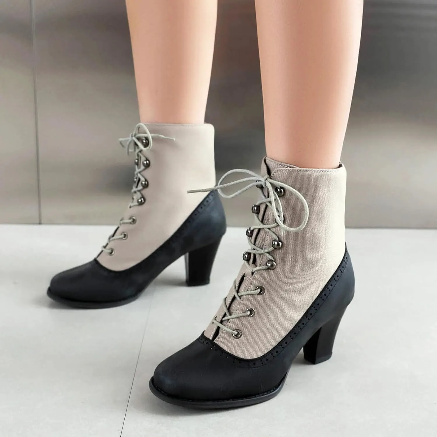 Optigard Women's Kitten Heels Lace Up Ankle Boots Fashion PU Round Toe Vintage Splicing Brogue Chunky High Heel Booties Dress Booties