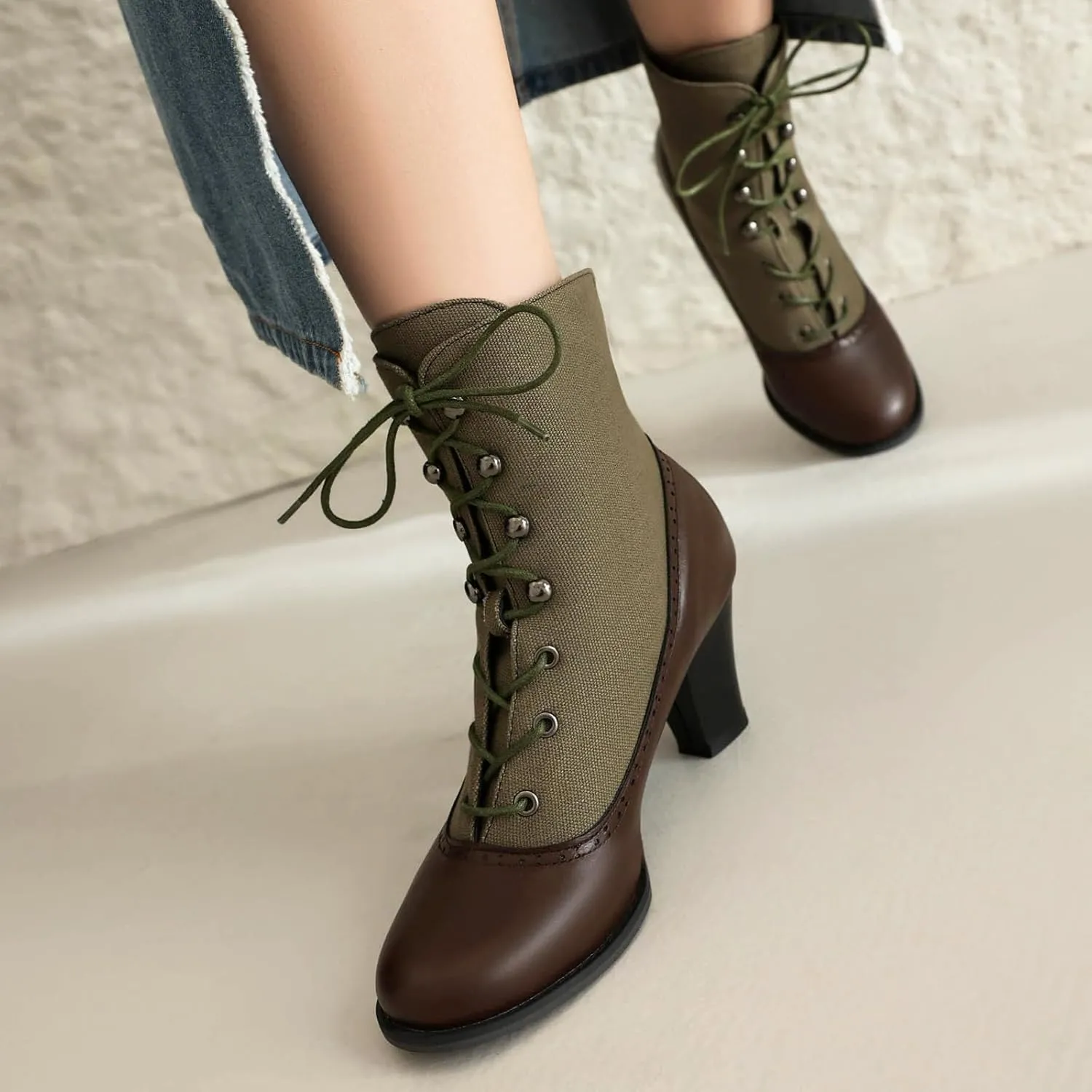 Optigard Women's Kitten Heels Lace Up Ankle Boots Fashion PU Round Toe Vintage Splicing Brogue Chunky High Heel Booties Dress Booties