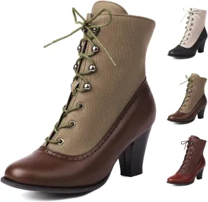 Optigard Women's Kitten Heels Lace Up Ankle Boots Fashion PU Round Toe Vintage Splicing Brogue Chunky High Heel Booties Dress Booties