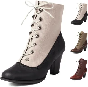 Optigard Women's Kitten Heels Lace Up Ankle Boots Fashion PU Round Toe Vintage Splicing Brogue Chunky High Heel Booties Dress Booties