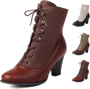 Optigard Women's Kitten Heels Lace Up Ankle Boots Fashion PU Round Toe Vintage Splicing Brogue Chunky High Heel Booties Dress Booties