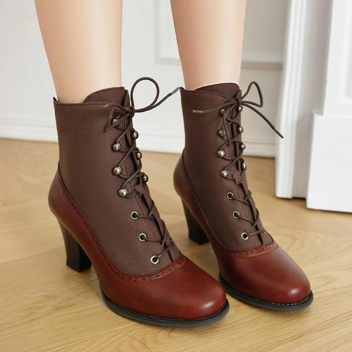 Optigard Women's Kitten Heels Lace Up Ankle Boots Fashion PU Round Toe Vintage Splicing Brogue Chunky High Heel Booties Dress Booties