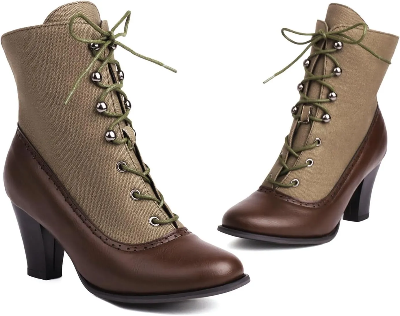 Optigard Women's Kitten Heels Lace Up Ankle Boots Fashion PU Round Toe Vintage Splicing Brogue Chunky High Heel Booties Dress Booties