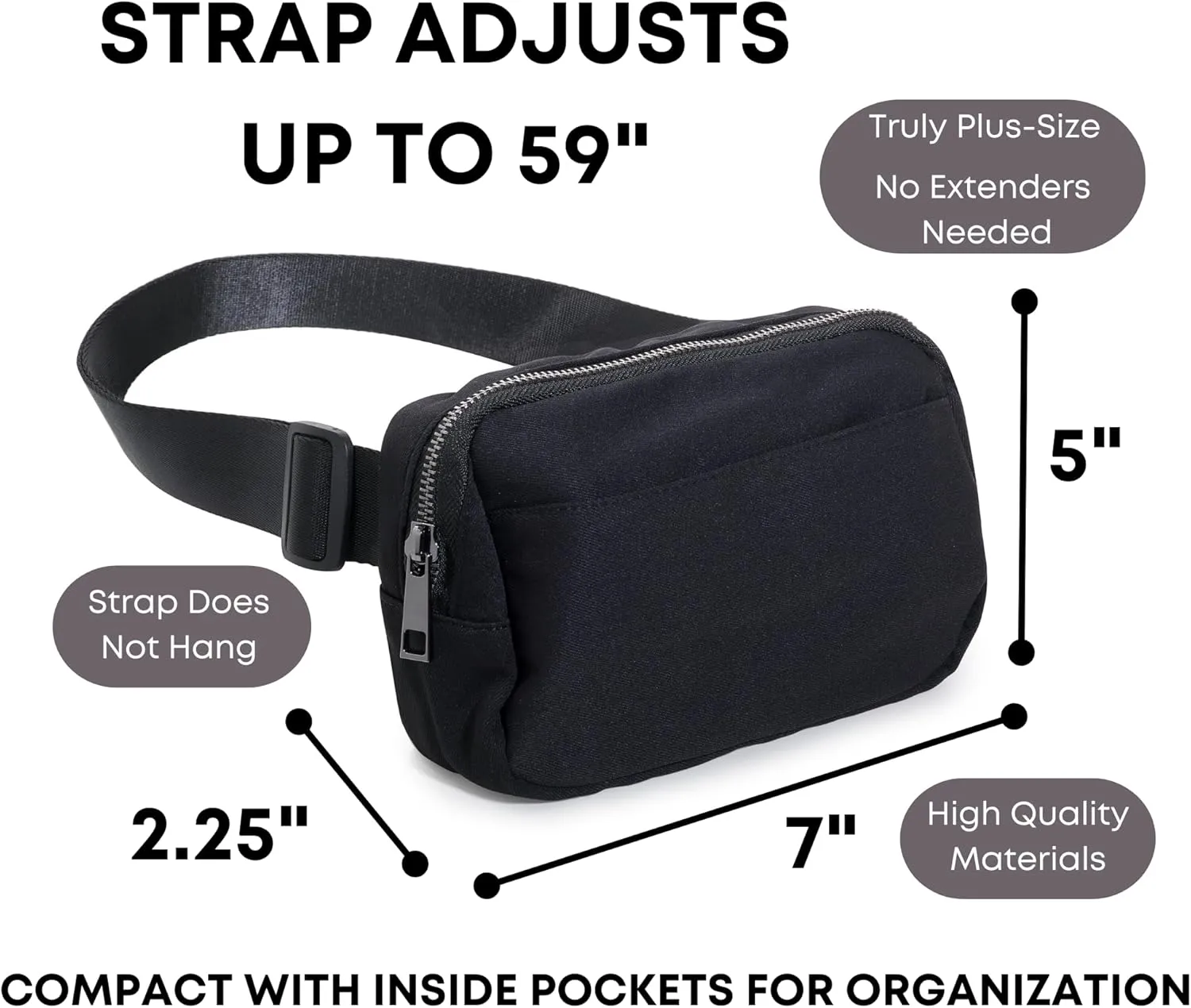 Organized Fanny Pack up to 59”, Black Crossbody Belt Bag, Plus Size 6 pockets, credit card slots, hole for dog bags, waist bag, kids women men gift, by Midnight Run