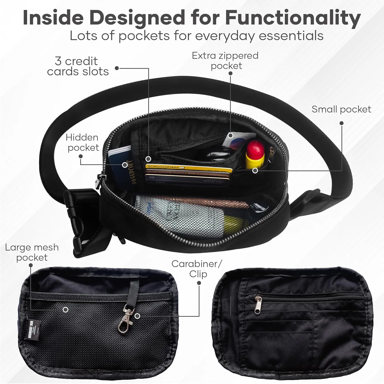 Organized Fanny Pack up to 59”, Black Crossbody Belt Bag, Plus Size 6 pockets, credit card slots, hole for dog bags, waist bag, kids women men gift, by Midnight Run