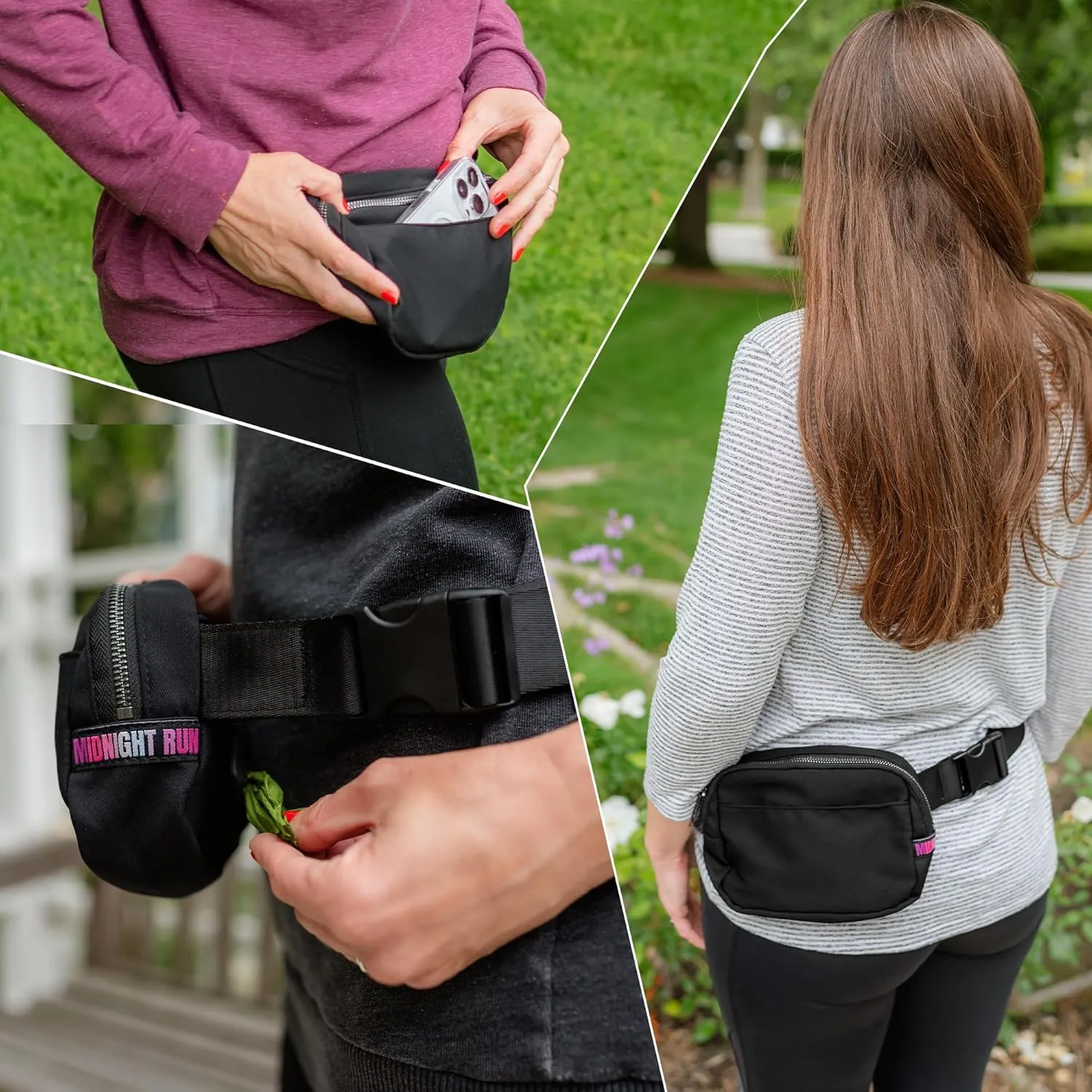 Organized Fanny Pack up to 59”, Black Crossbody Belt Bag, Plus Size 6 pockets, credit card slots, hole for dog bags, waist bag, kids women men gift, by Midnight Run