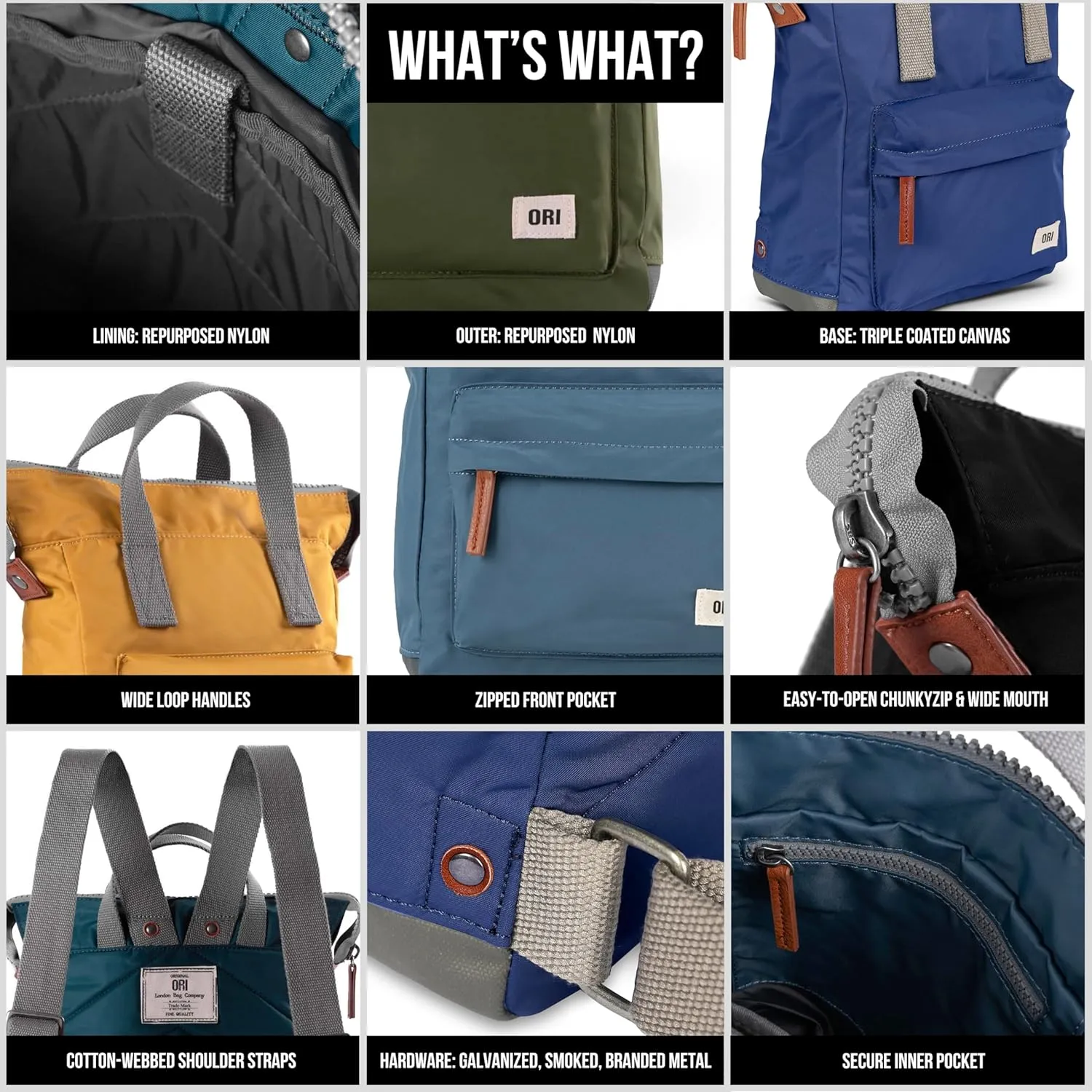 ORI LONDON Small Tote Bag Backpack - Nylon Tote Backpack for Women & Men - Wide Mouth, Chunky Zippers - The Bantry, Mellow Camo