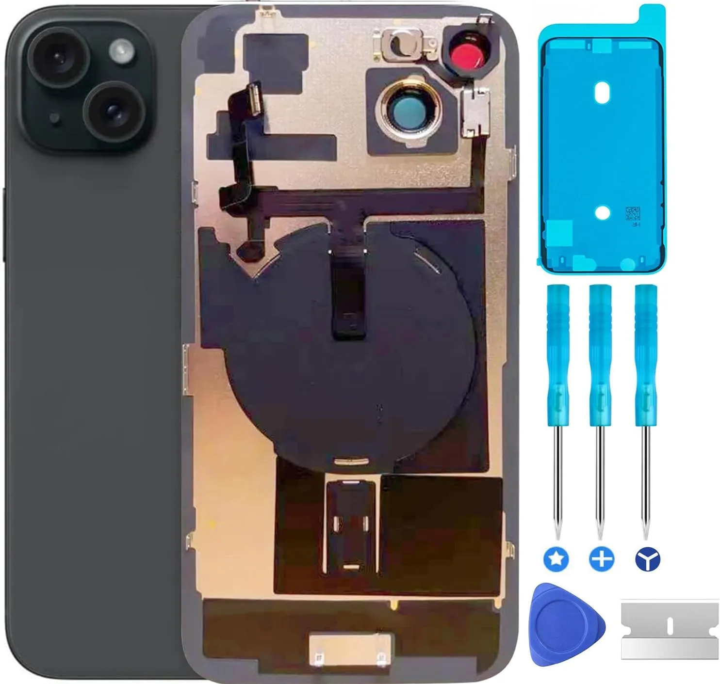 Original 15 Back Glass Replacement & with Plate & Flex Cable and All Parts, Pre-Installed Camera Frame for iPhone 15   Repair Tools (Black)