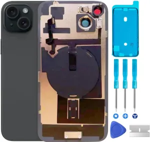 Original 15 Back Glass Replacement & with Plate & Flex Cable and All Parts, Pre-Installed Camera Frame for iPhone 15   Repair Tools (Black)