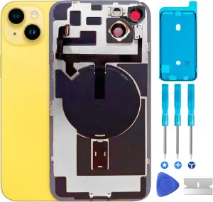 Original Compatible with iPhone 14 Plus Back Glass Replacement & with Plate & Flex Cable and All Parts, Pre-Installed Camera Frame for iPhone 14 Plus   Repair Tools (Yellow)