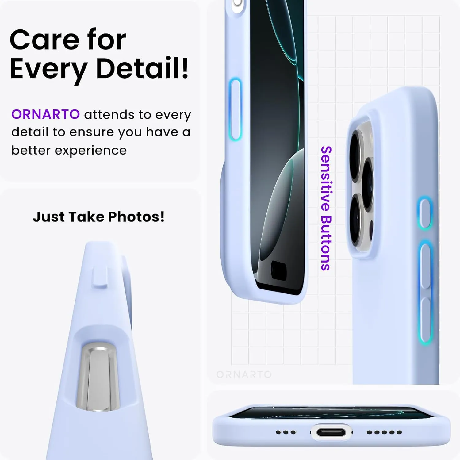 ORNARTO Compatible with iPhone 16 Pro Case 6.3", Slim Liquid Silicone 3 Layers Soft Gel Rubber Shockproof Protective Case with Anti-Scratch Microfiber Lining-Baby Blue