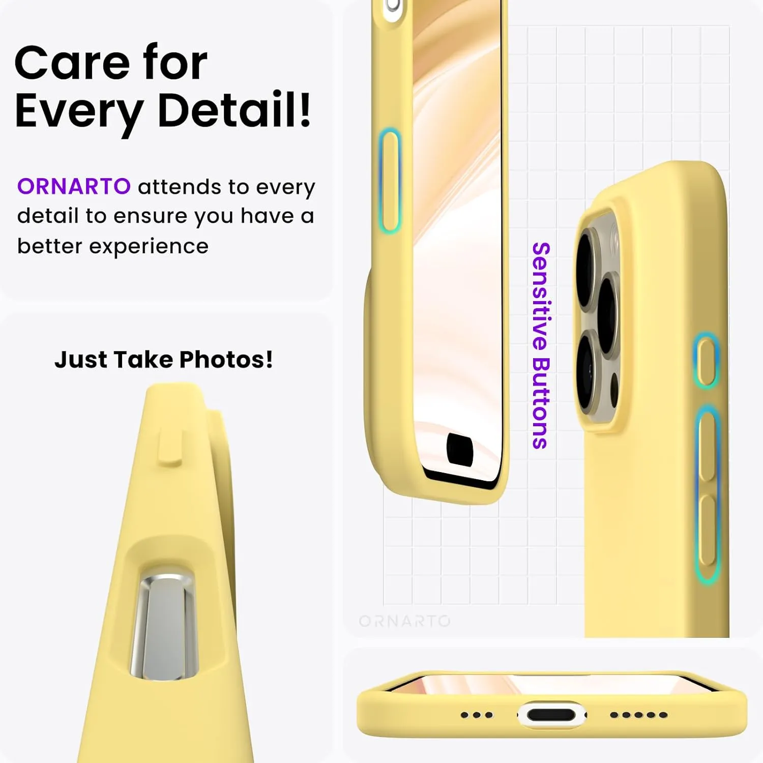 ORNARTO Compatible with iPhone 16 Pro Case 6.3", Slim Liquid Silicone 3 Layers Soft Gel Rubber Shockproof Protective Case with Anti-Scratch Microfiber Lining-Buttercream Yellow