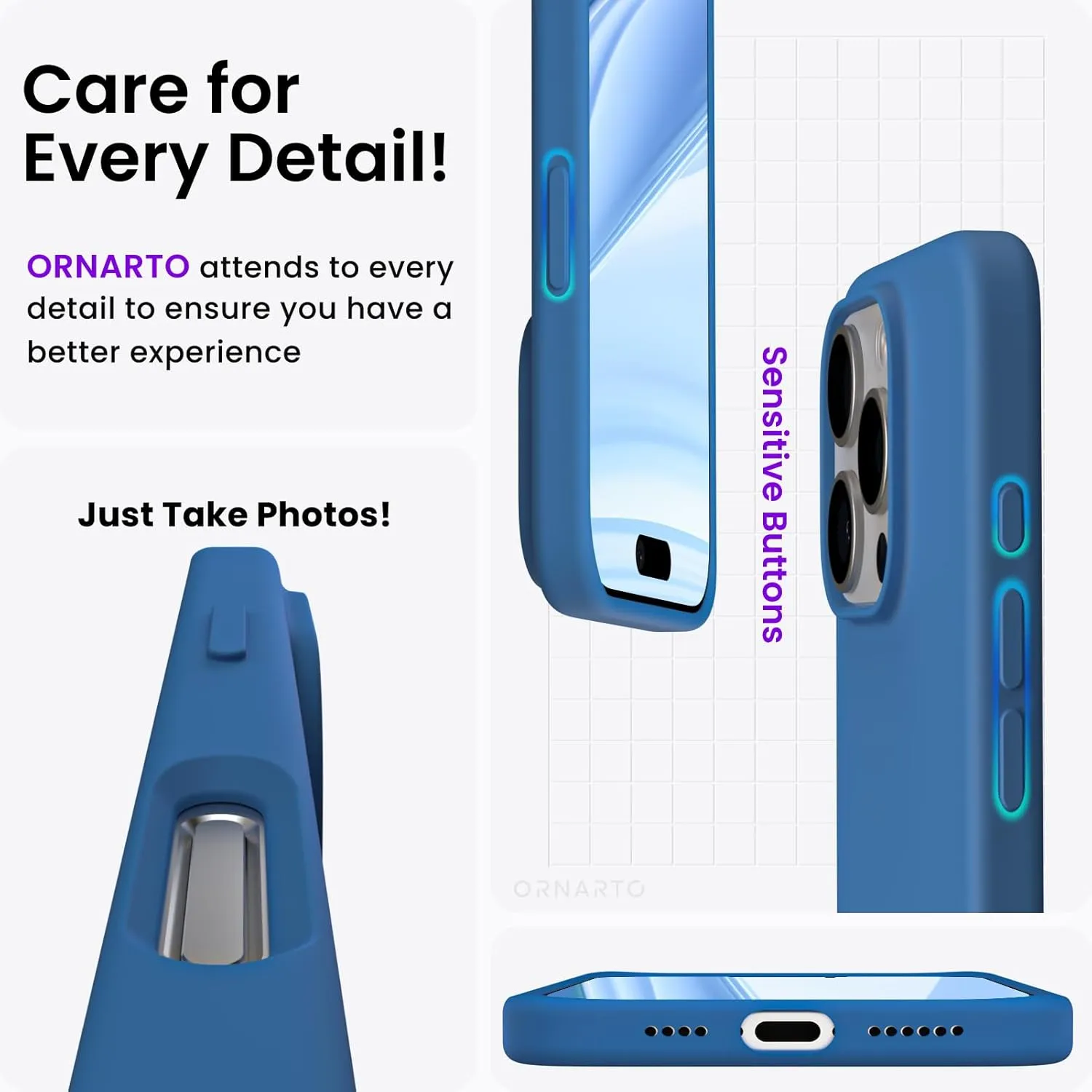 ORNARTO Compatible with iPhone 16 Pro Max Case 6.9", Slim Liquid Silicone 3 Layers Soft Gel Rubber Shockproof Protective Case with Anti-Scratch Microfiber Lining-Blue