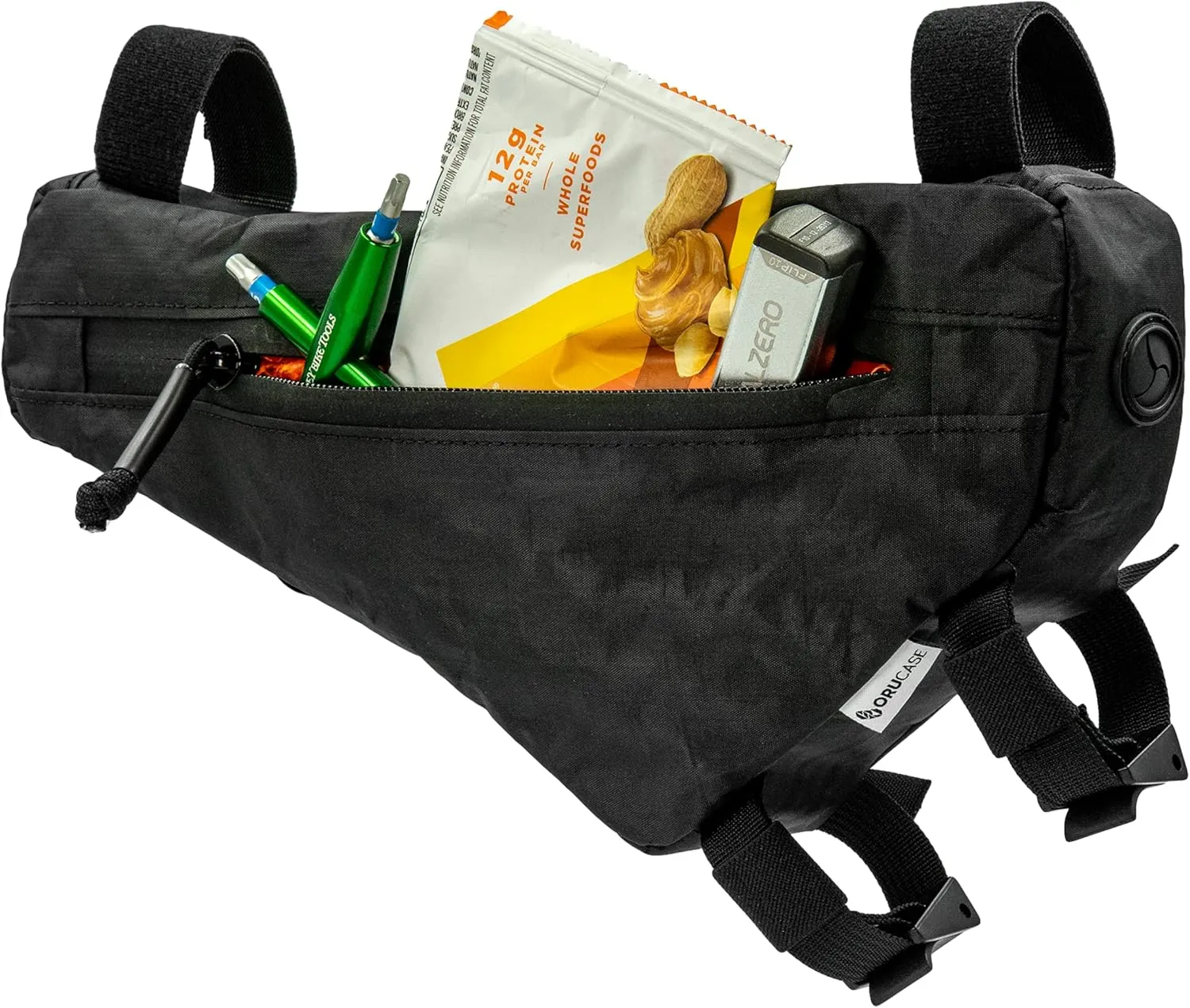 ORUCASE Design Labs Mini Frame Pack with Magnetic Zipper - Dyneema Waterproof Bikepacking Style Storage Bag for Road, MTB or Gravel Bikes - Holds Phone, Camera, Clothing and Snacks