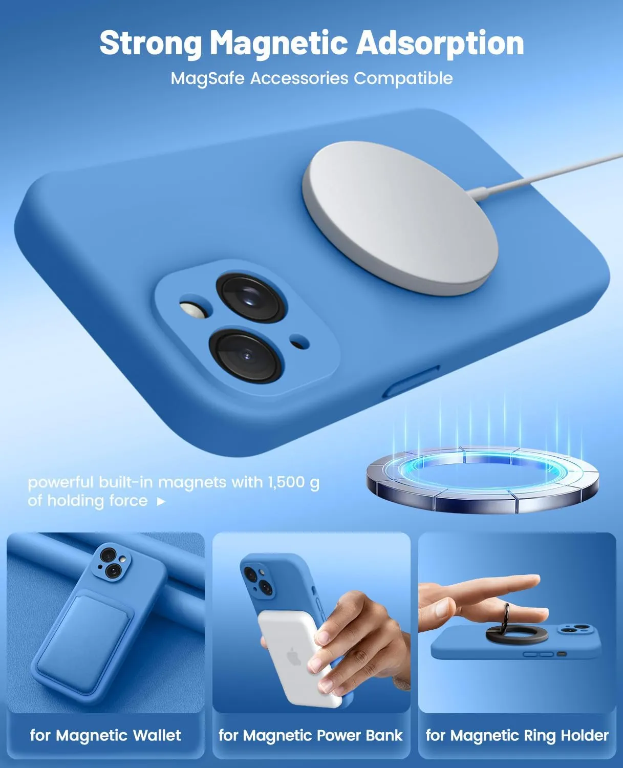 OTOFLY Compatible with iPhone 15 Case, Compatible with MagSafe, Military-Grade Protection, 2 Pack Screen Protectors, Silicone Shockproof Magnetic Phone Case, Blue