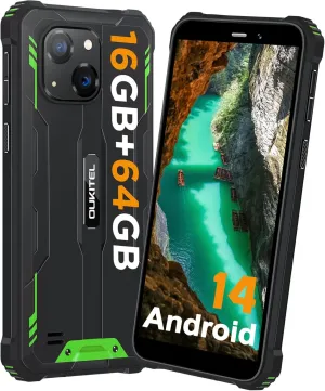 OUKITEL G2 Rugged Phone Unlocked, 6" Screen Cell Phone, 6300mAh Battery, 16GB 64GB/TF 1TB Smartphone, 13MP Camera, 4G Dual SIM Android 14 Phones, IP68/IP69K Waterproof Phone, GPS/T-Mobile, Green