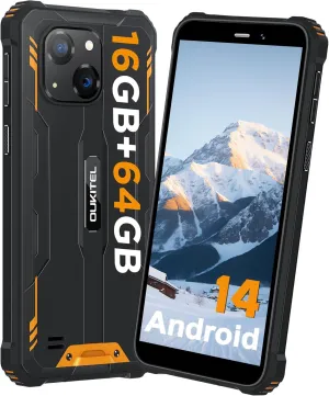 OUKITEL G2 Rugged Phone Unlocked, 6" Screen Cell Phone, 6300mAh Battery, 16GB 64GB/TF 1TB Smartphone, 13MP Camera, 4G Dual SIM Android 14 Phones, IP68/IP69K Waterproof Phone, GPS/T-Mobile, Orange