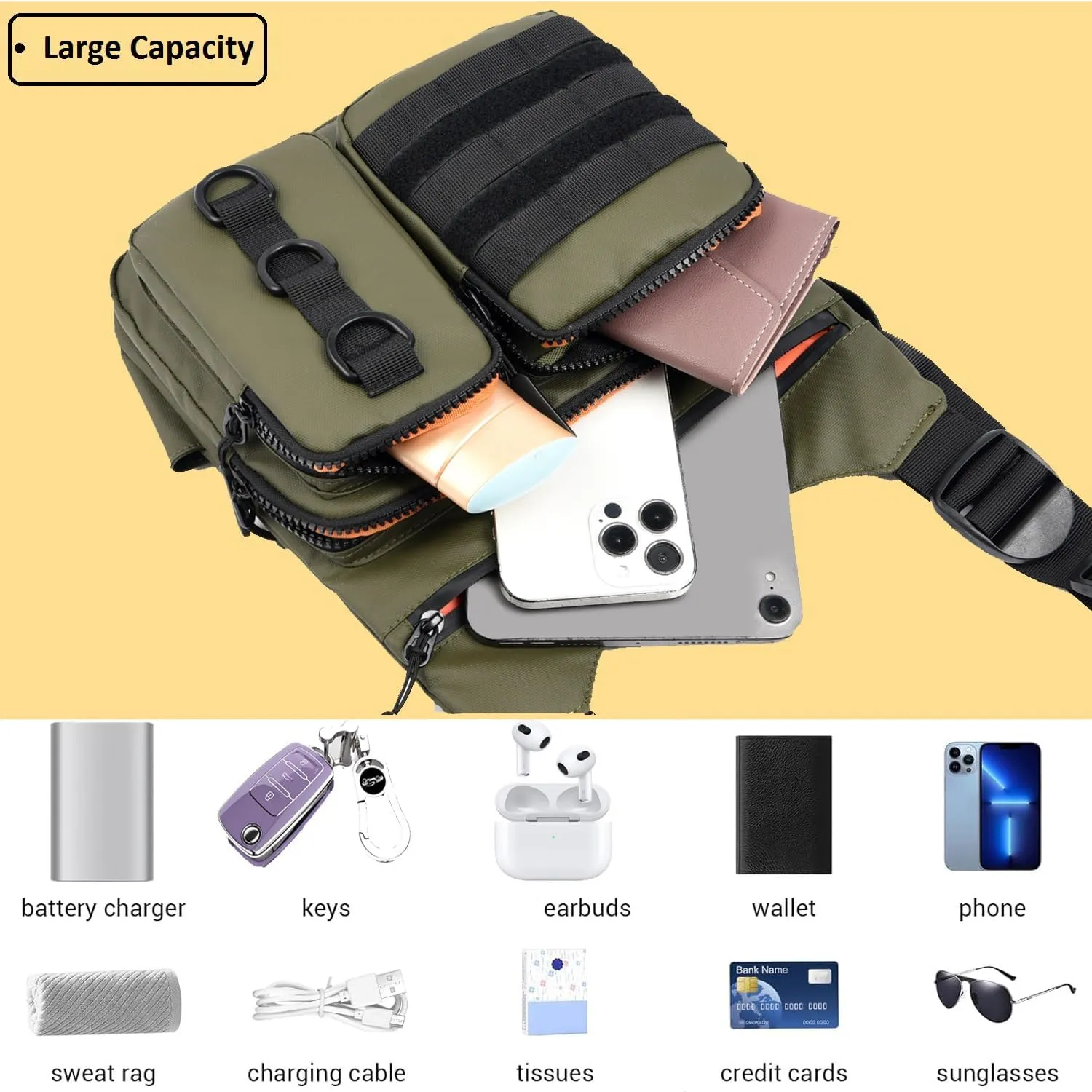 Outdoor Chest Bag for Men, Lightweight Running Vest with Water Bottle Pocket, EDC Chest Pack for Hiking, Cycling