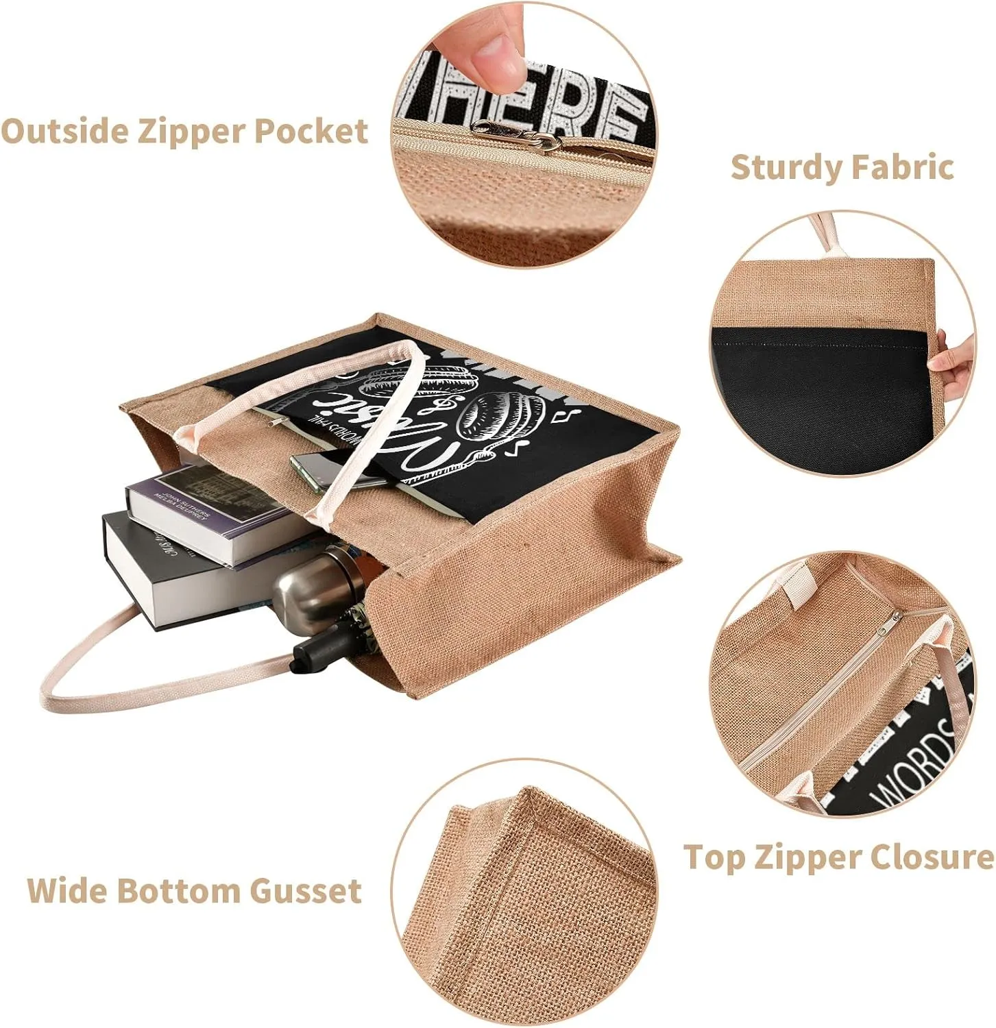 Oyihfvs Durable Burlap Bag with Handles, Zipper Jute Tote Reusable Bag Waterproof Lining for Shopping Work Travel beach