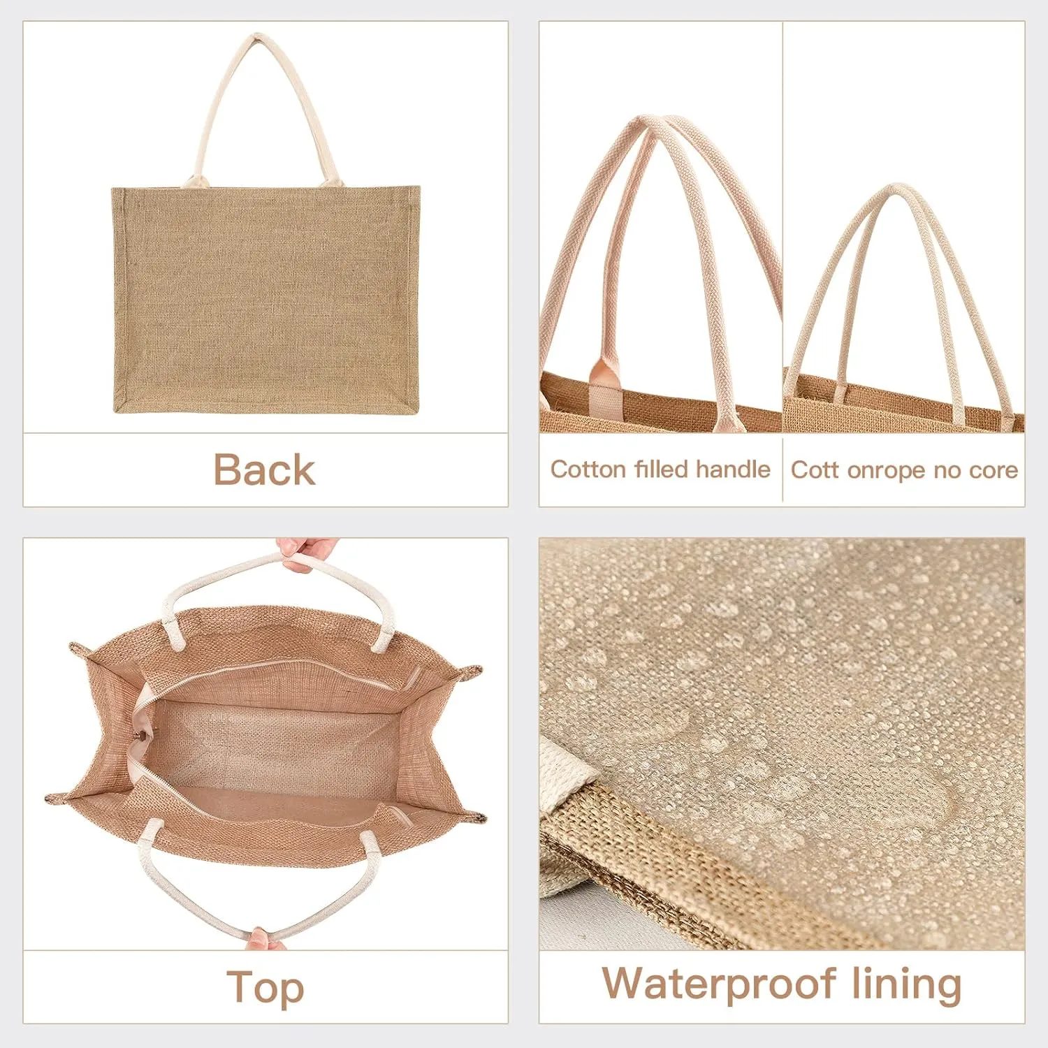 Oyihfvs Durable Burlap Bag with Handles, Zipper Jute Tote Reusable Bag Waterproof Lining for Shopping Work Travel beach