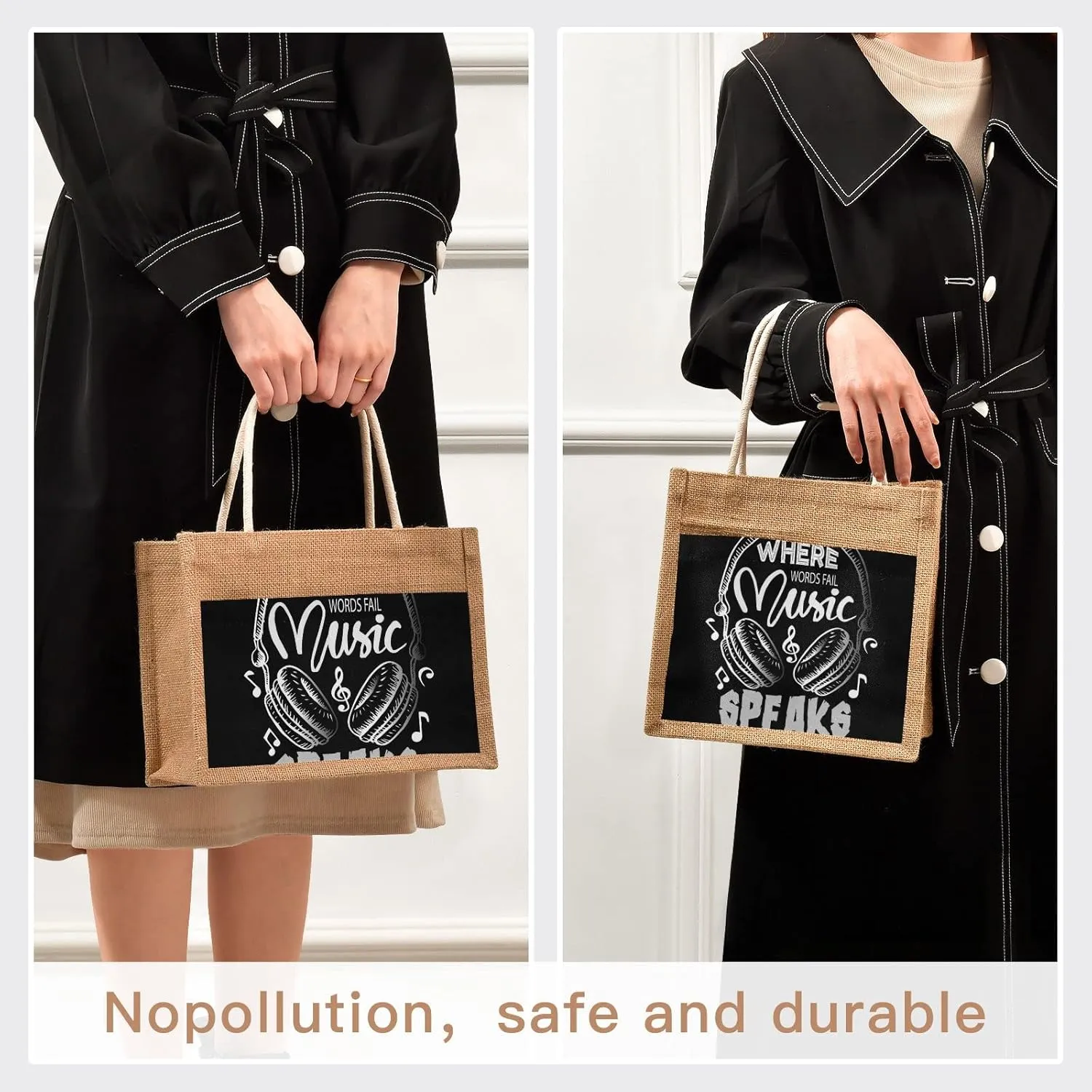 Oyihfvs Durable Burlap Bag with Handles, Zipper Jute Tote Reusable Bag Waterproof Lining for Shopping Work Travel beach