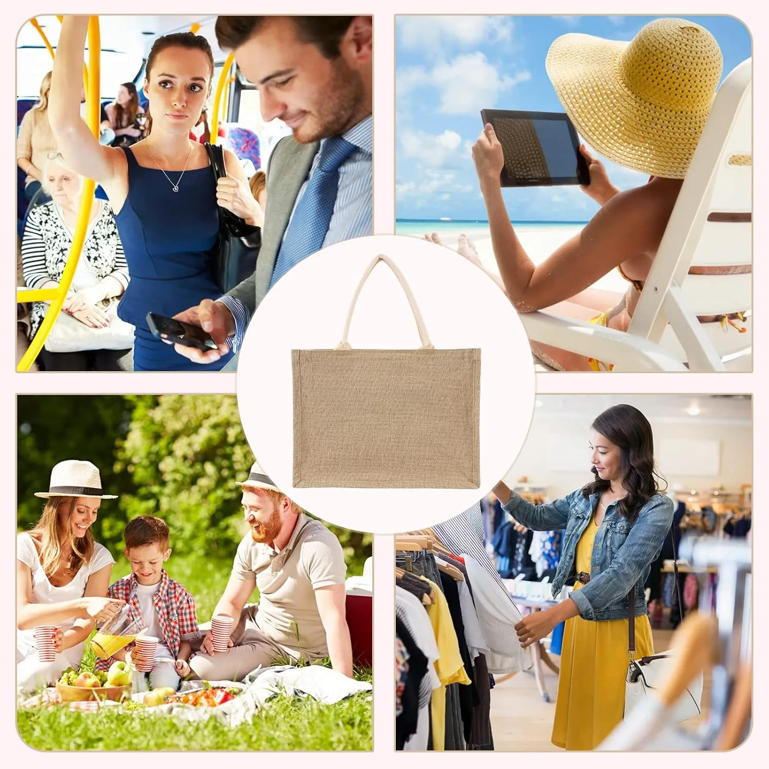 Oyihfvs Durable Burlap Bag with Handles, Zipper Jute Tote Reusable Bag Waterproof Lining for Shopping Work Travel beach