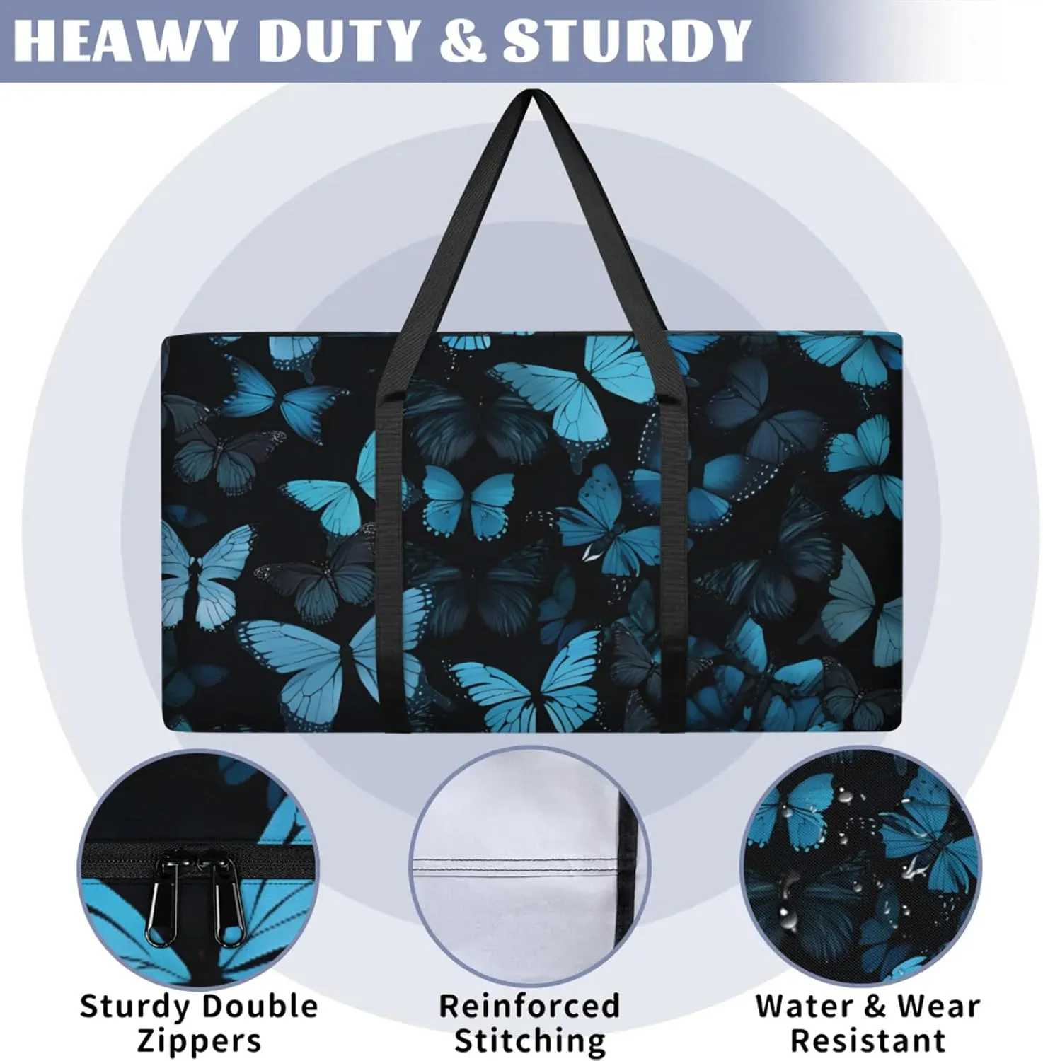 Packing Bags for Moving, Extra Large Moving Bags Heavy Duty, 205L Storage Bag with Zipper, Storage Totes Movings Supplies, Duffle Bag Waterproof Storage Containers for Organizing (Blue Butterfly)