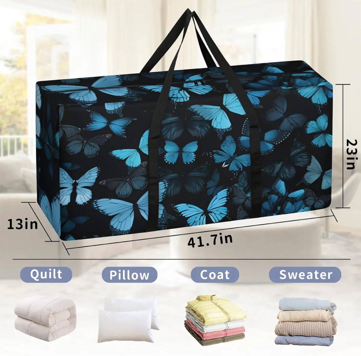 Packing Bags for Moving, Extra Large Moving Bags Heavy Duty, 205L Storage Bag with Zipper, Storage Totes Movings Supplies, Duffle Bag Waterproof Storage Containers for Organizing (Blue Butterfly)