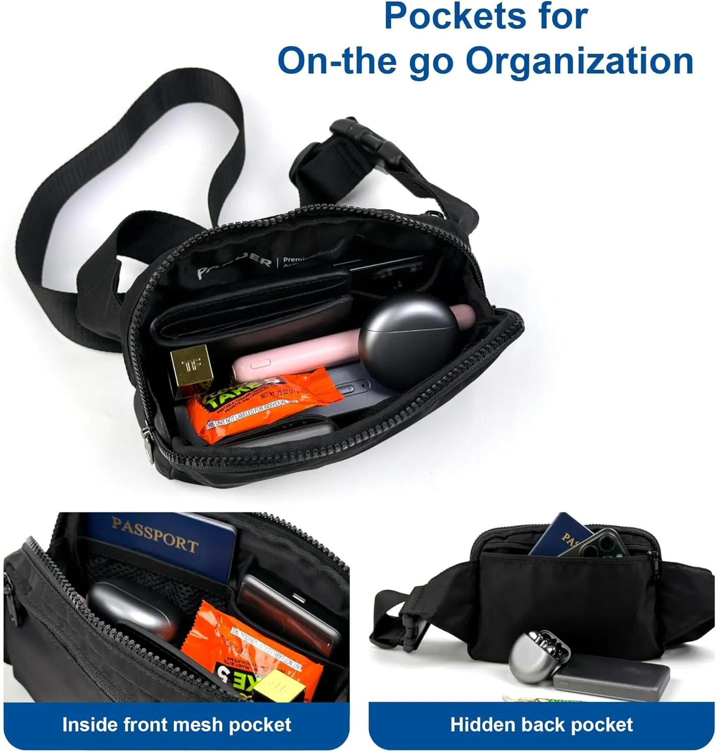 Pander Belt Bag Large 2L, Waterproof Everywhere Fanny Pack Purse for Women and Men with Adjustable Strap.