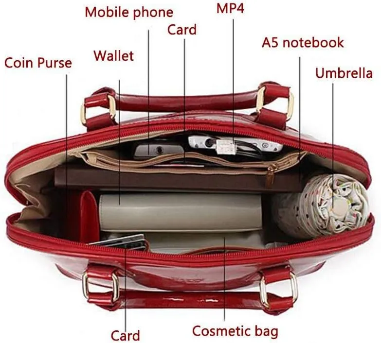 Patent Leather Dome Satchel Purse Zip-around Handbag Multi-Pocket Shoulder Bag Shiny Large Top-handle Shell Bag