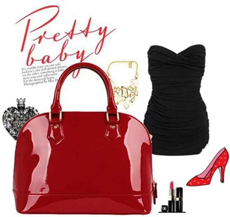 Patent Leather Dome Satchel Purse Zip-around Handbag Multi-Pocket Shoulder Bag Shiny Large Top-handle Shell Bag
