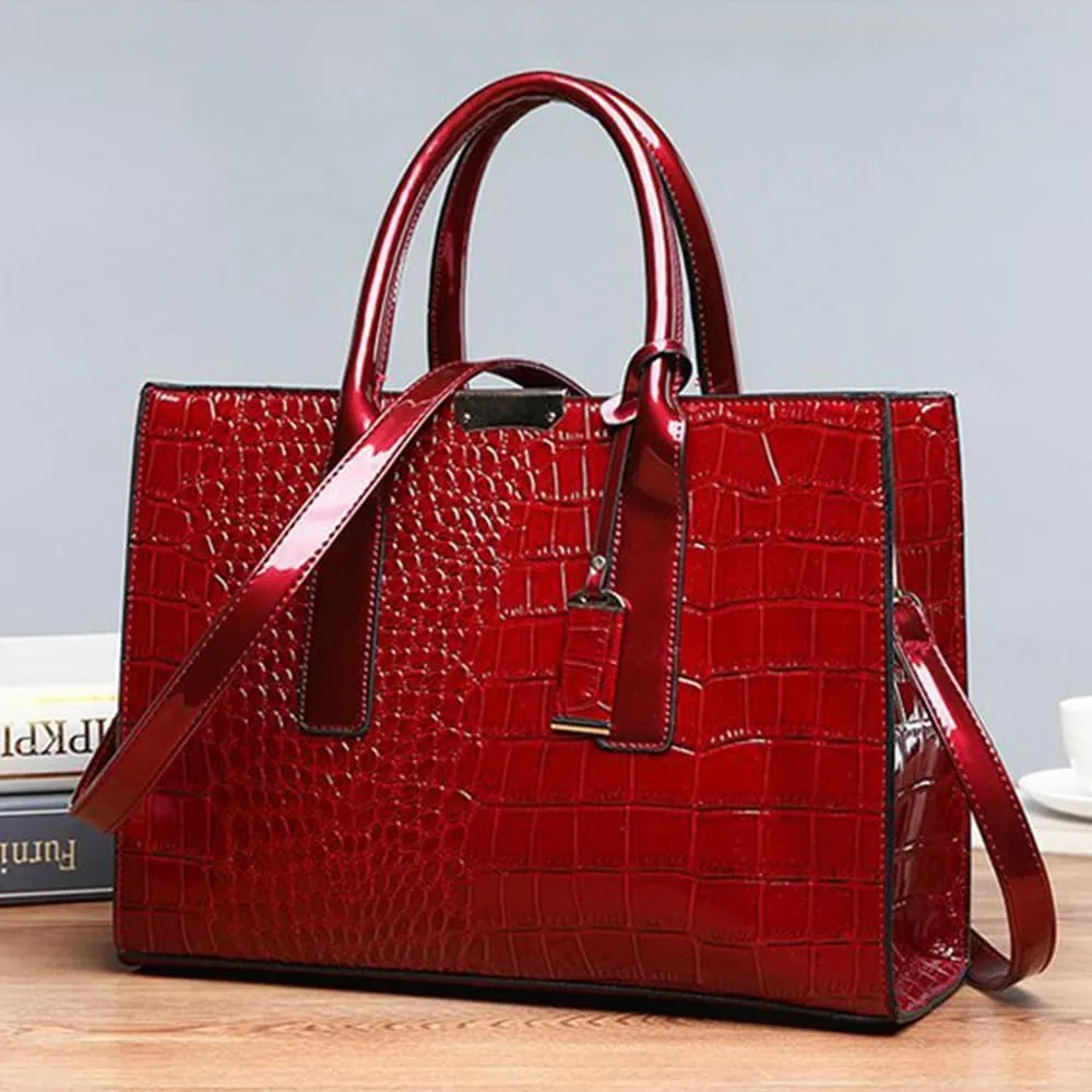 Patent Leather Tote Purse for Women Crocodile Print Glossy Shoulder Handbag Work Top-handle Satchel Crossbody Bag