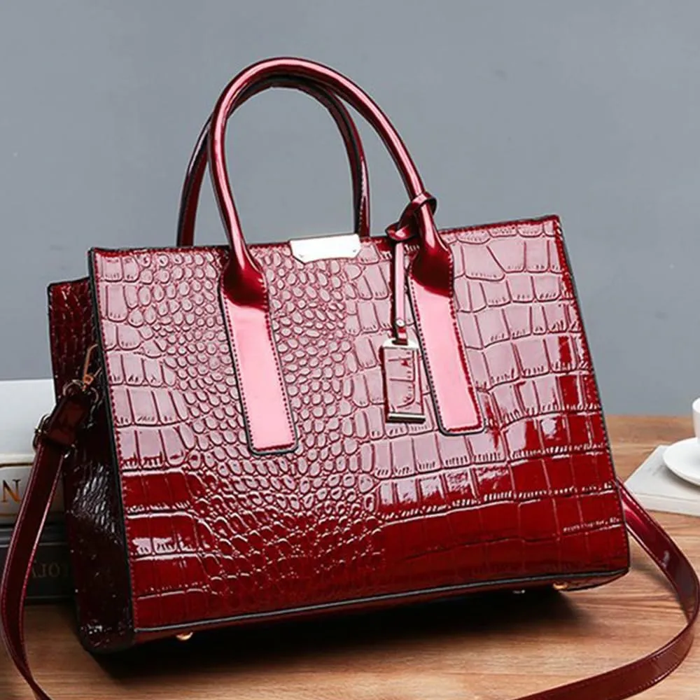 Patent Leather Tote Purse for Women Crocodile Print Glossy Shoulder Handbag Work Top-handle Satchel Crossbody Bag