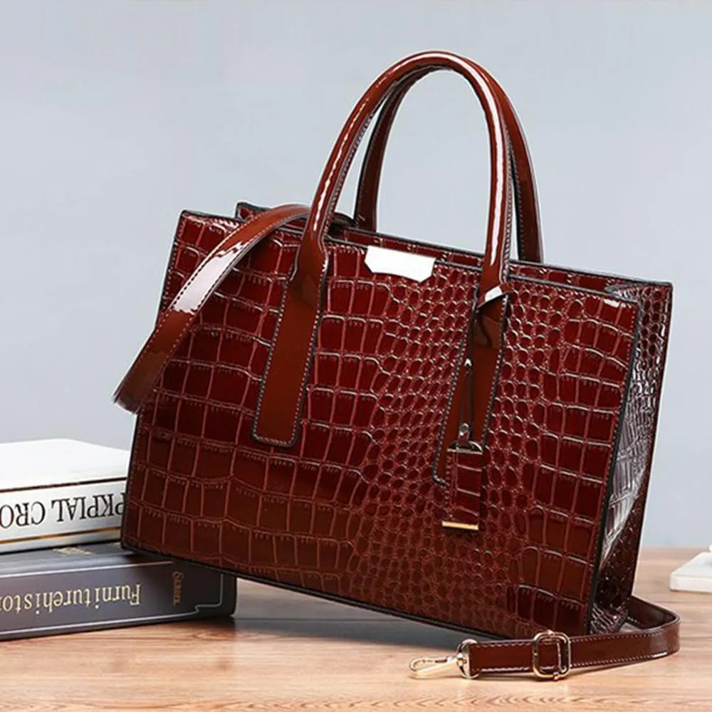 Patent Leather Tote Purse for Women Crocodile Print Glossy Shoulder Handbag Work Top-handle Satchel Crossbody Bag