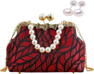 Pearl Evening Chain Shoulder Bag for Women Leaf Feathers Pattern Wedding Guest Chinese Pearl Purses Cross Body Purse