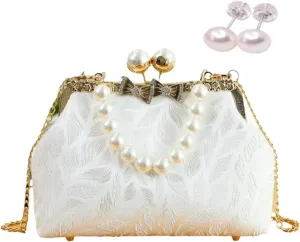 Pearl Evening Chain Shoulder Bag for Women Leaf Feathers Pattern Wedding Guest Chinese Pearl Purses Cross Body Purse