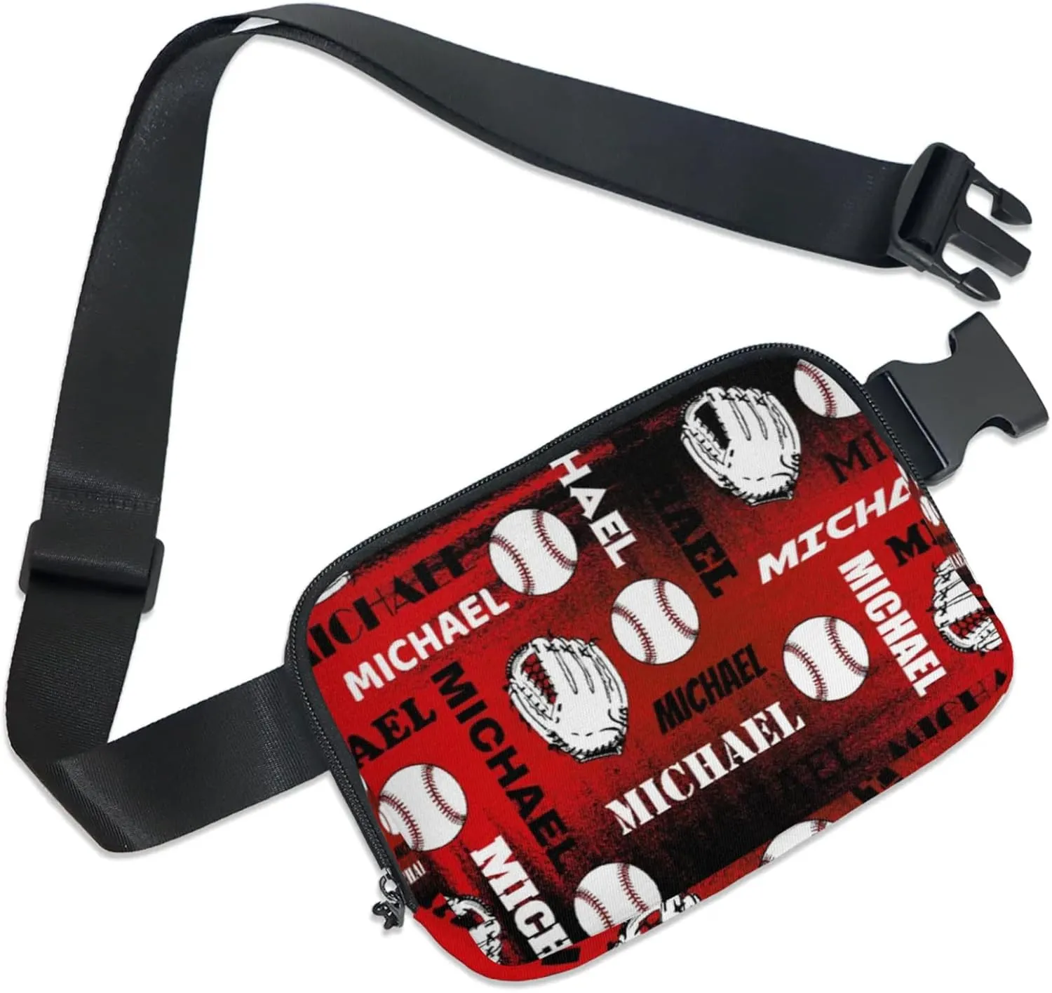 Personalized Baseball Fanny Pack, Custom Name Waist Packs Crossbody Belt Bag with Adjustable Strap for Sports Travel Workout Running Hiking, Black Red