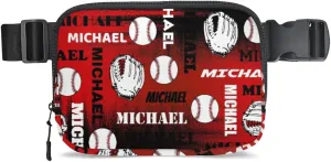 Personalized Baseball Fanny Pack, Custom Name Waist Packs Crossbody Belt Bag with Adjustable Strap for Sports Travel Workout Running Hiking, Black Red