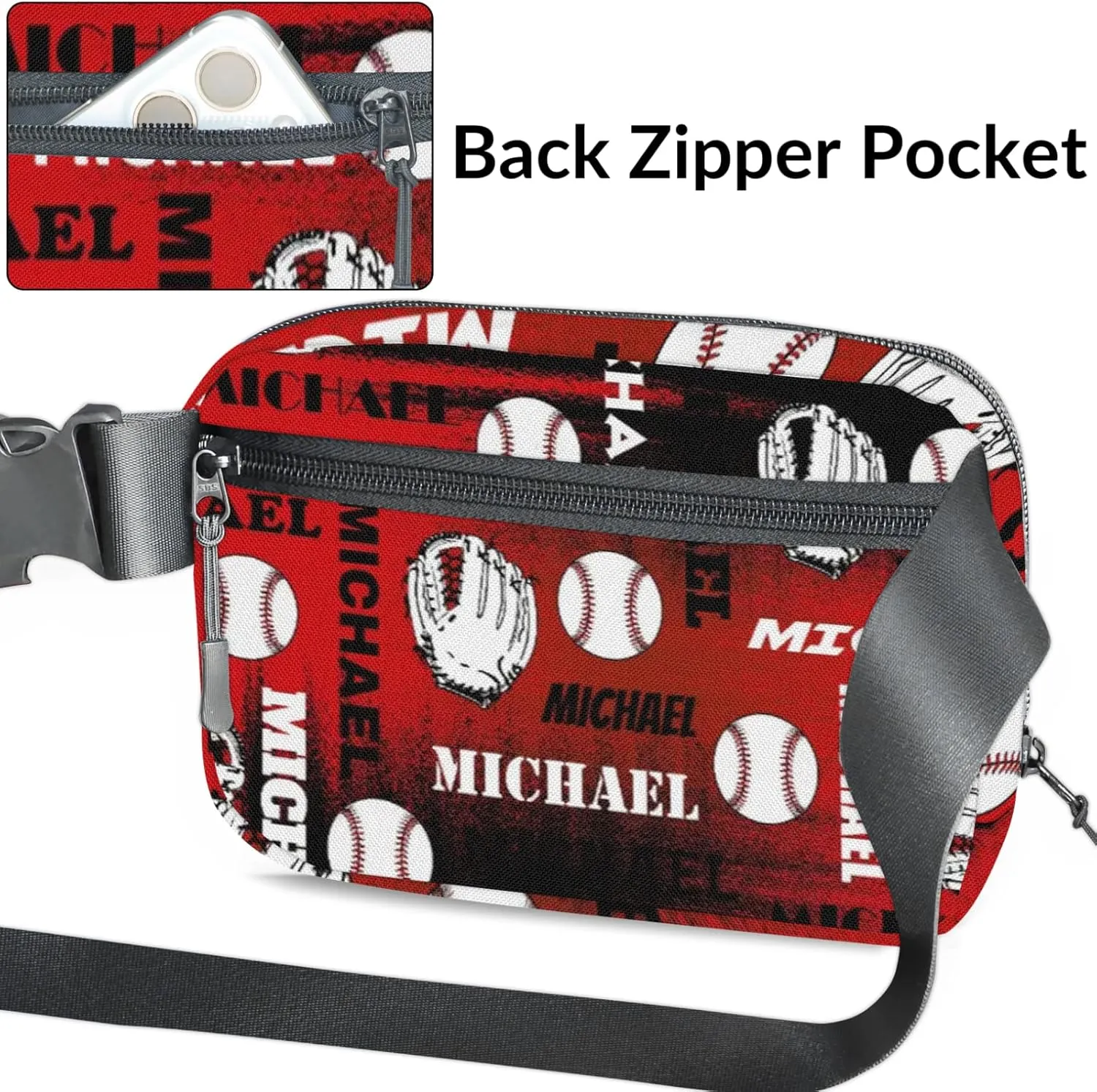Personalized Baseball Fanny Pack, Custom Name Waist Packs Crossbody Belt Bag with Adjustable Strap for Sports Travel Workout Running Hiking, Black Red