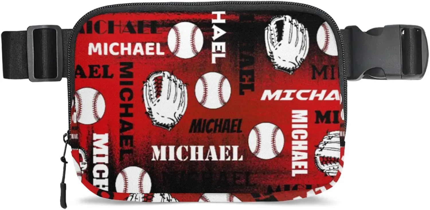 Personalized Baseball Fanny Pack, Custom Name Waist Packs Crossbody Belt Bag with Adjustable Strap for Sports Travel Workout Running Hiking, Black Red