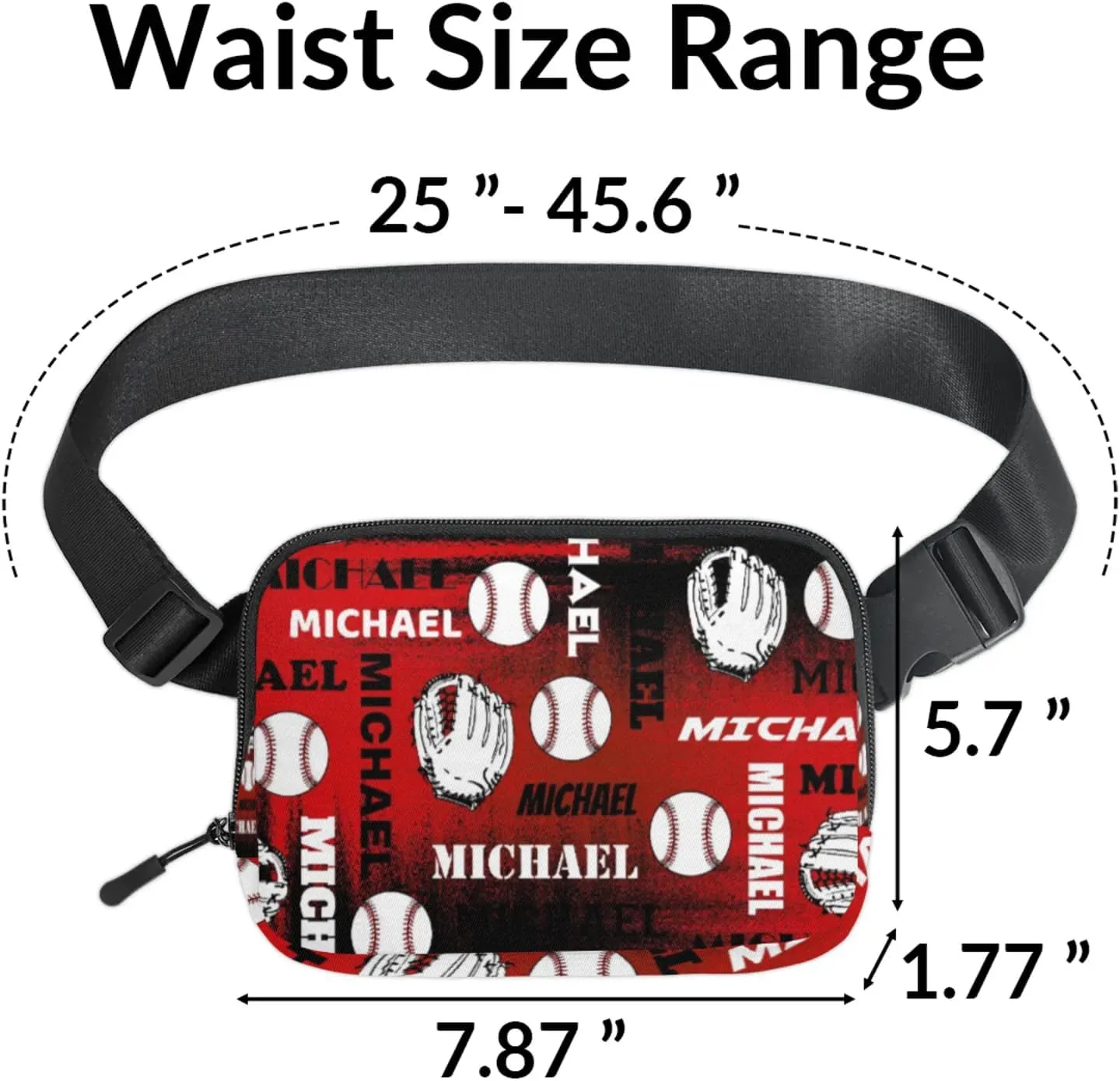 Personalized Baseball Fanny Pack, Custom Name Waist Packs Crossbody Belt Bag with Adjustable Strap for Sports Travel Workout Running Hiking, Black Red