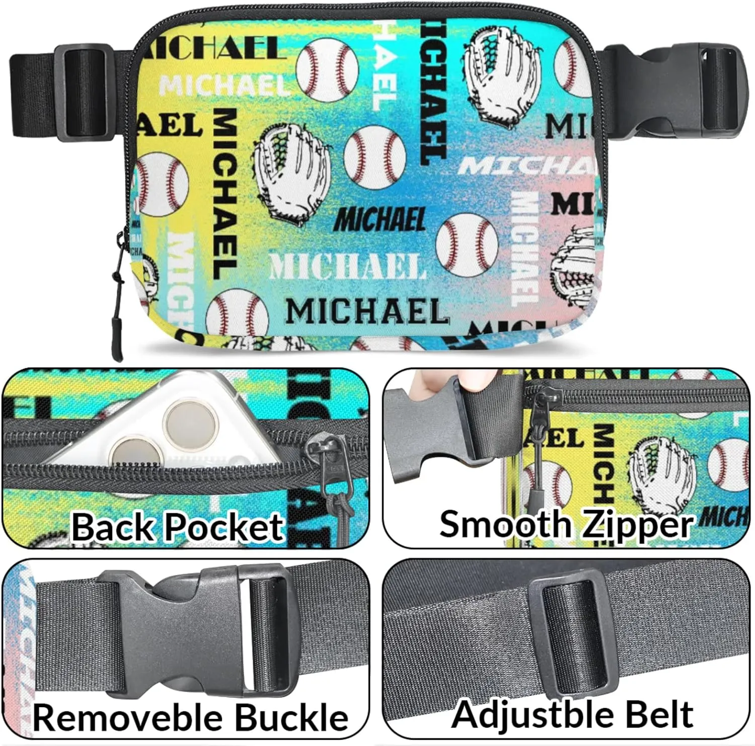 Personalized Baseball Fanny Pack, Custom Name Waist Packs Crossbody Belt Bag with Adjustable Strap for Sports Travel Workout Running Hiking, Blue Yellow Pinks