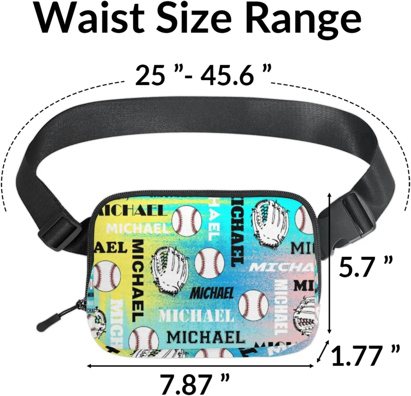 Personalized Baseball Fanny Pack, Custom Name Waist Packs Crossbody Belt Bag with Adjustable Strap for Sports Travel Workout Running Hiking, Blue Yellow Pinks